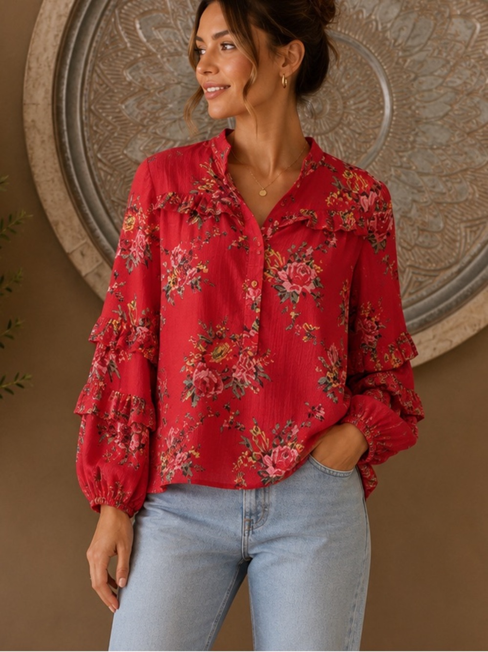 sundays Red Floral Ruffle Gauzy Button-Front Blouse